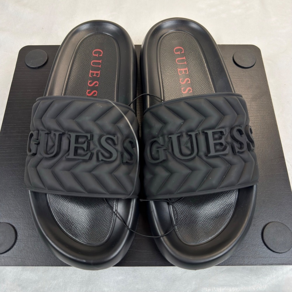 Guess GMSYLVAR-R Mens Quilted Black Logo Slide Sandals Chevron Size 11M NWOB